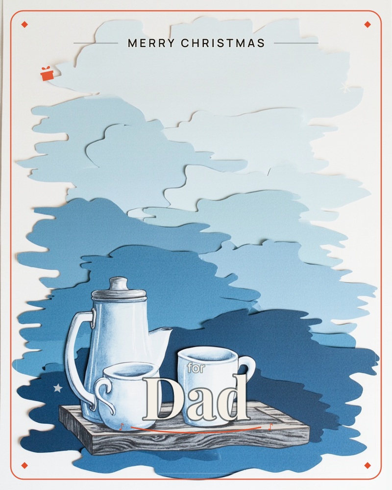 A layered paper-cut illustration shows a white teapot, cup and mug arranged on a wooden board, set against a sky built from overlapping cloud shapes in…, a christmas e-card design