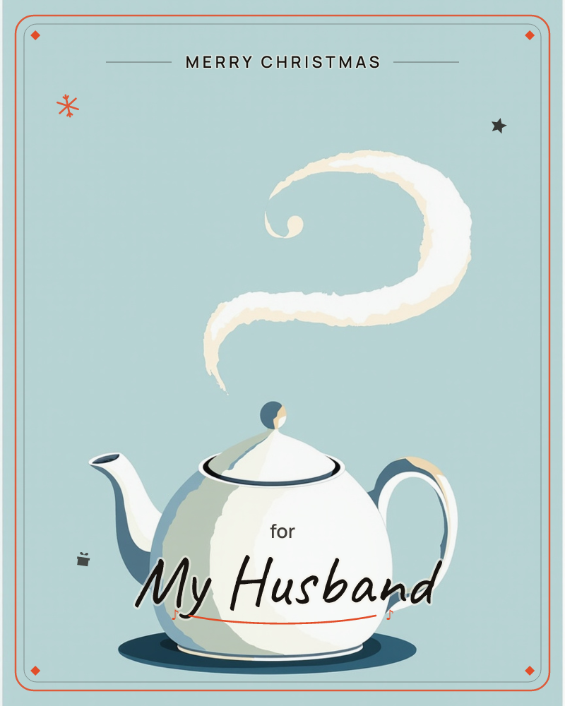 A plump white teapot sits centre stage against a flat pale blue background, its lid topped with a small round knob, a christmas e-card design