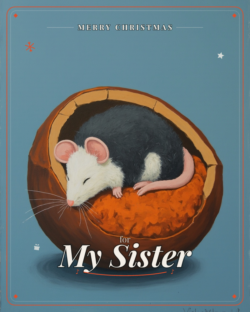 A hooded rat with a white face and dark grey back curls up asleep inside a hollowed-out fruit shell, its long pink tail wrapped around the rim, a christmas e-card design