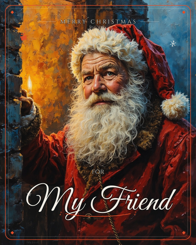 A weathered Santa in a fur-trimmed red coat stands in a stone doorway, holding up a lit candle that washes his face and beard in warm gold light…, a christmas e-card design