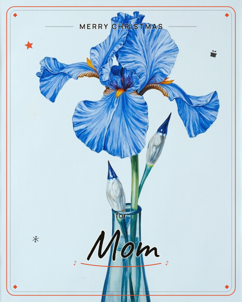 A single blue iris in full bloom stands in a slim glass vase, its ruffled petals veined with deeper indigo and touched with orange at the throat, a christmas e-card design