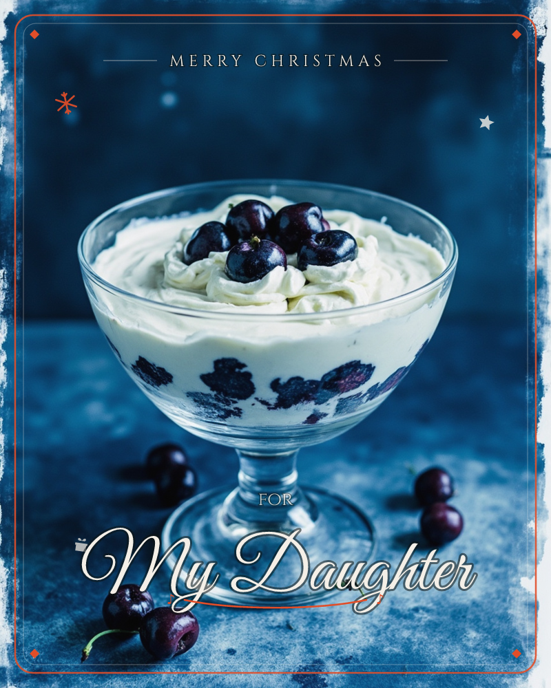 A glass pedestal dish holds swirls of whipped cream layered over dark cherries, topped with a cluster of glossy black cherries, a christmas e-card design
