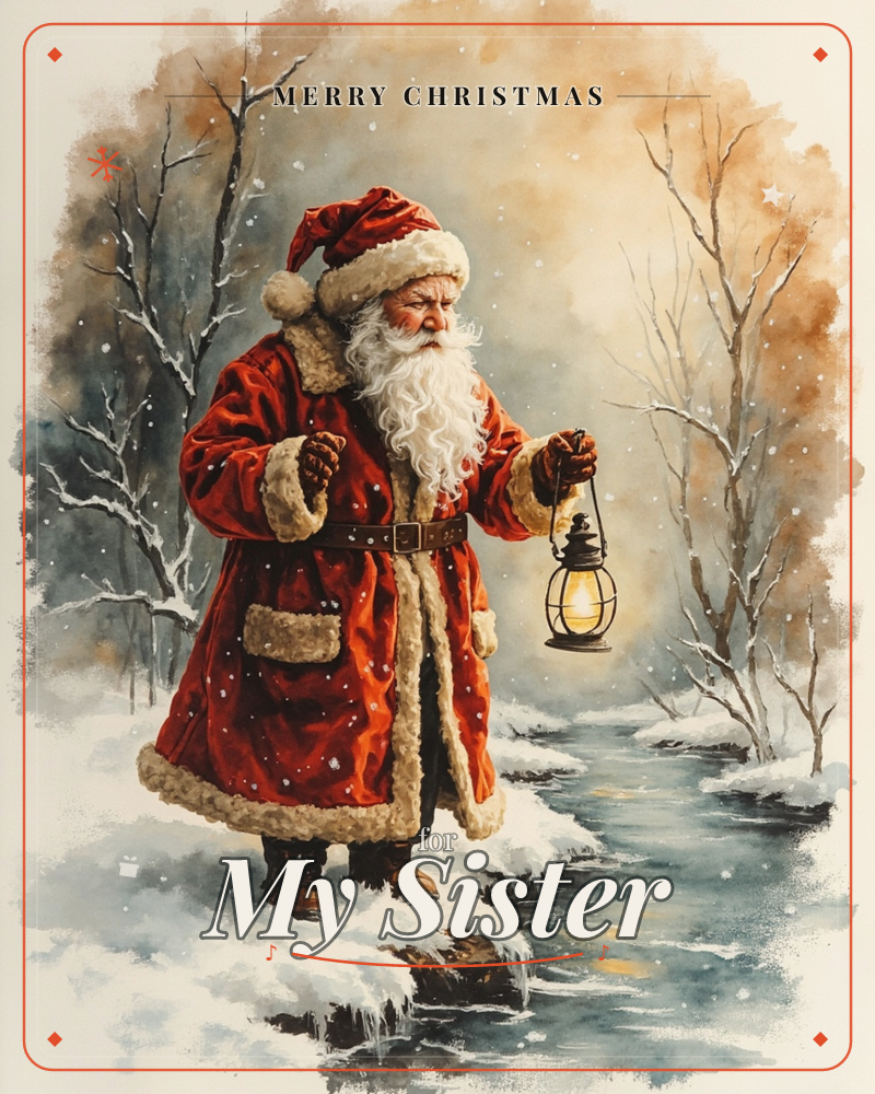 Santa Claus walks through a snowy forest clearing, carrying a glowing lantern that lights his path beside a half-frozen stream, a christmas e-card design