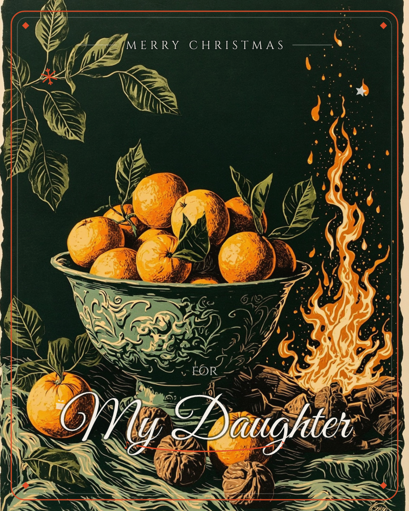 A carved bowl heaped with glossy oranges and leafy sprigs sits beside a tall crackling bonfire on a dark forest-green backdrop, with a scatter of dried…, a christmas e-card design