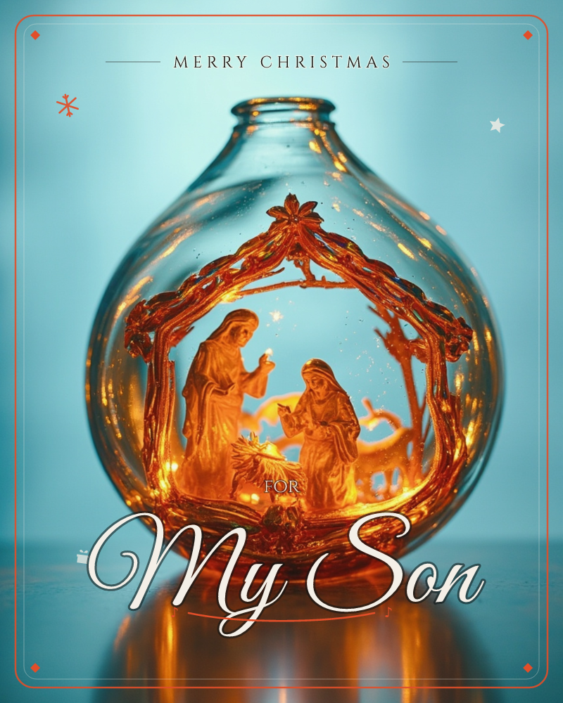 A rounded glass bottle holds a tiny nativity scene etched and glowing in warm amber light, two robed figures kneeling beside a manger under a small…, a christmas e-card design