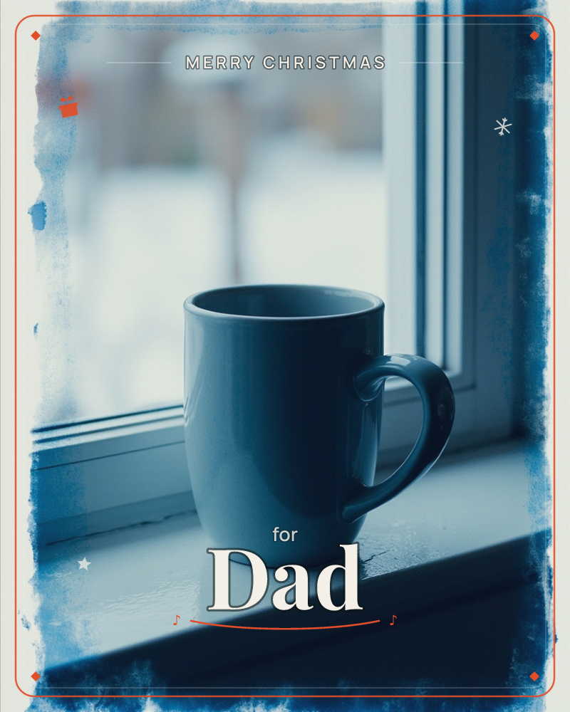 A single ceramic mug sits on a windowsill, backlit by a blurred snowy garden beyond the glass, a christmas e-card design