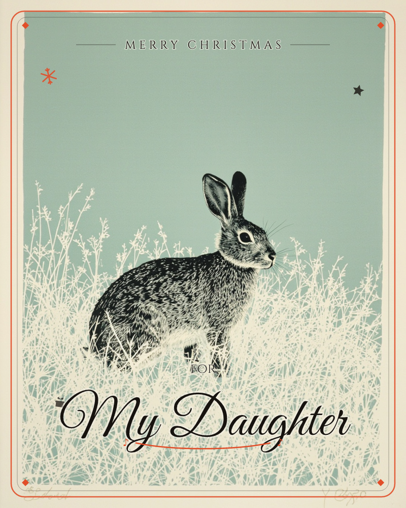 A speckled black-and-white rabbit sits alert in a tangle of frost-white grasses, its long ears raised against a flat sage-green sky, a christmas e-card design