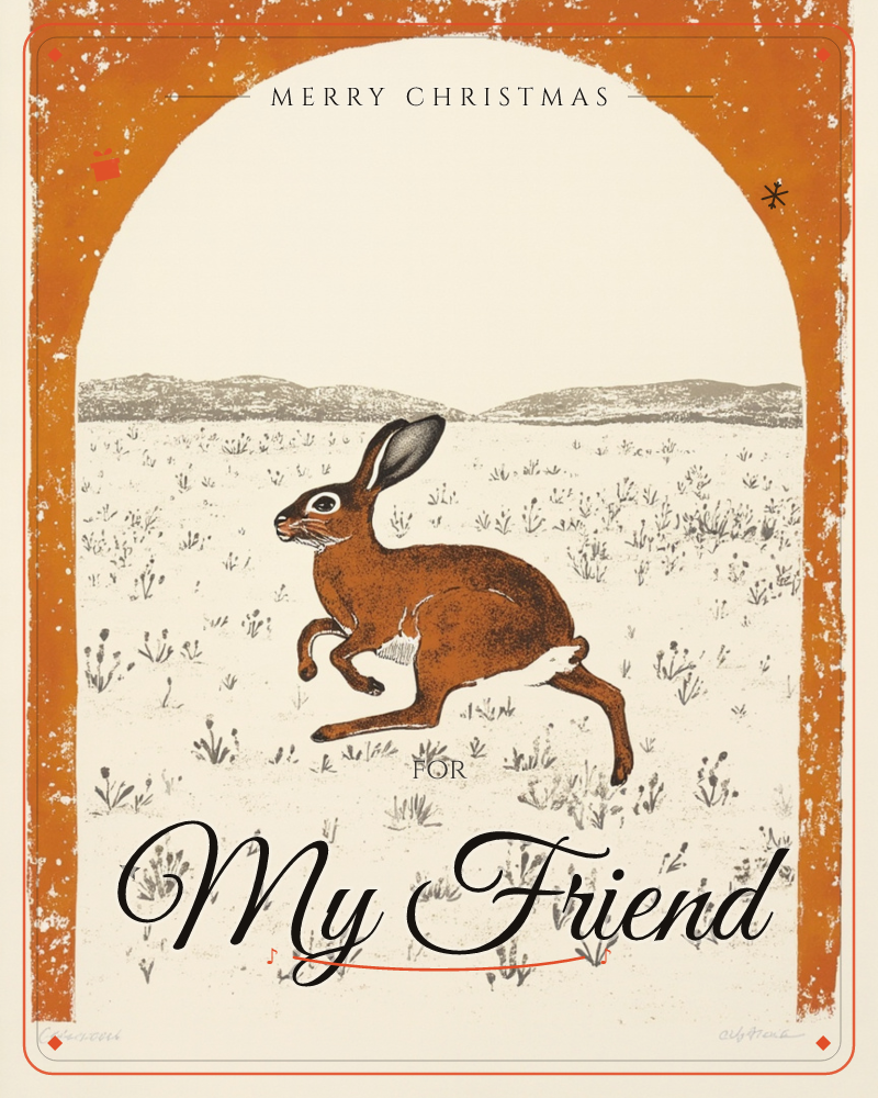 A brown hare bounds across a sparse, scrubby field beneath distant hills, framed inside a rough-edged burnt-orange archway printed in a textured…, a christmas e-card design