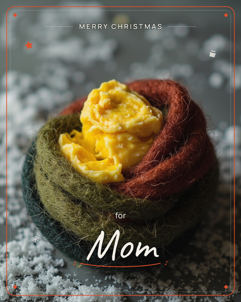 A rose-shaped bloom made of felted wool sits nestled among scattered fake snow, its petals wound in rust, olive and deep green with a bright yellow…, a christmas e-card design