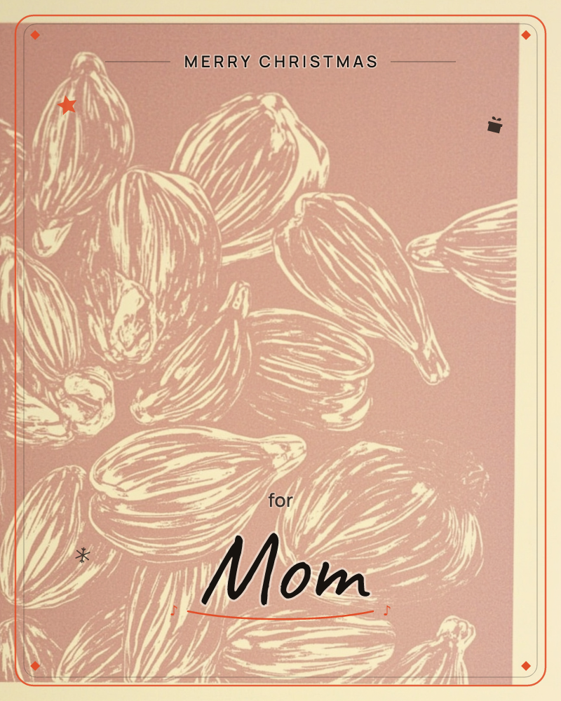 A close-up print of cardamom pods clustered together, rendered in cream linework against a dusty rose-pink background, a christmas e-card design