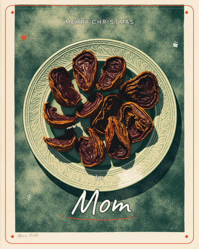 A pale green plate with an embossed floral rim holds a scattering of halved dried dates, their wrinkled amber skins and dark glossy flesh arranged in a…, a christmas e-card design