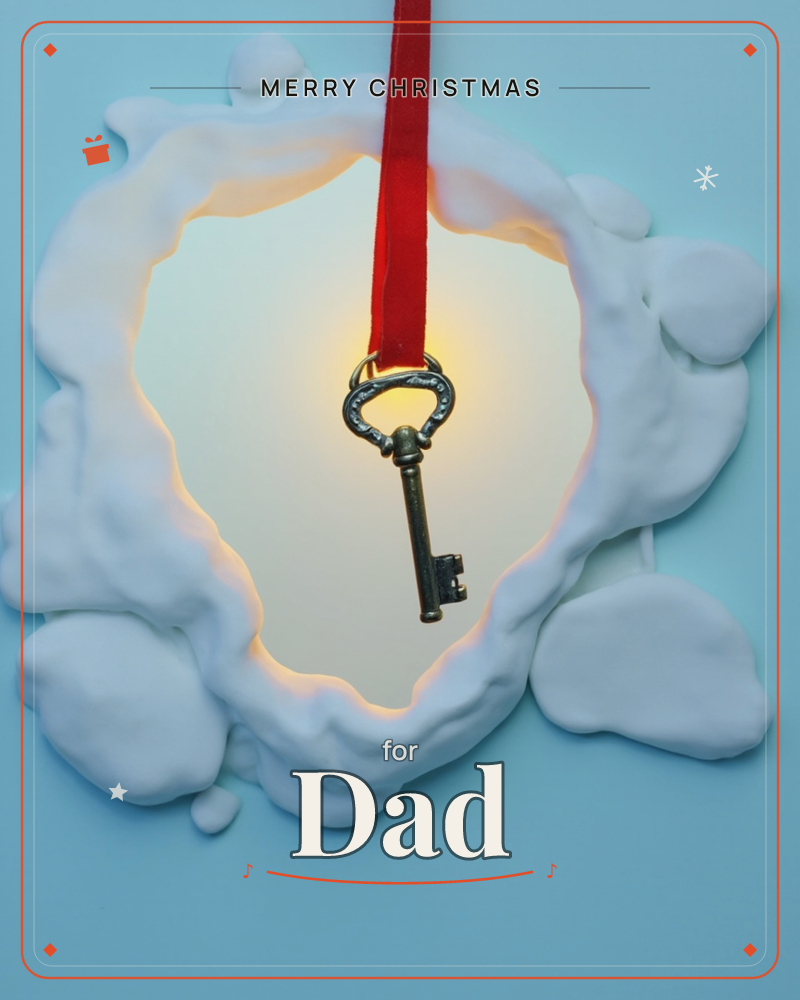 An ornate antique key hangs from a red velvet ribbon inside a ring of glossy white snow-drifts, glowing with warm golden light against a pale blue…, a christmas e-card design