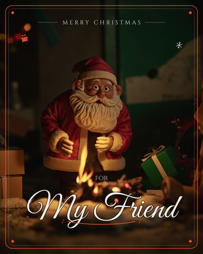 A carved wooden figure of Santa Claus leans over a small crackling fire, hands held out to warm them against the night chill, a christmas e-card design