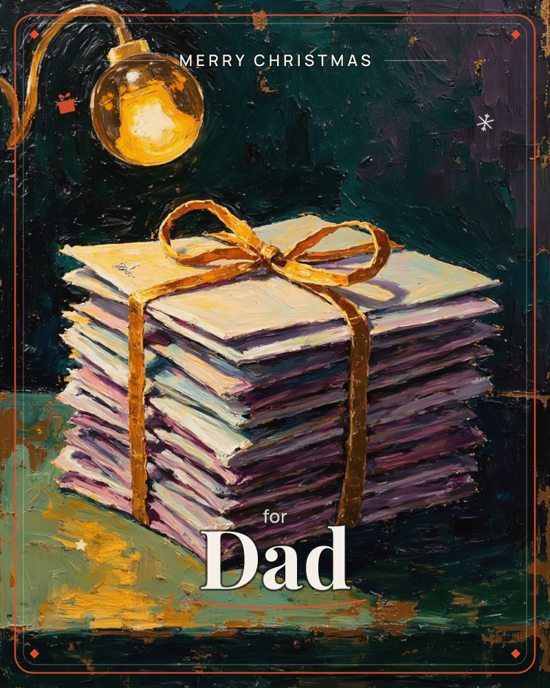 A thick stack of pale envelopes and papers sits tied with a golden ribbon bow, lit from above by a single warm bulb hanging on a curved cord, a christmas e-card design