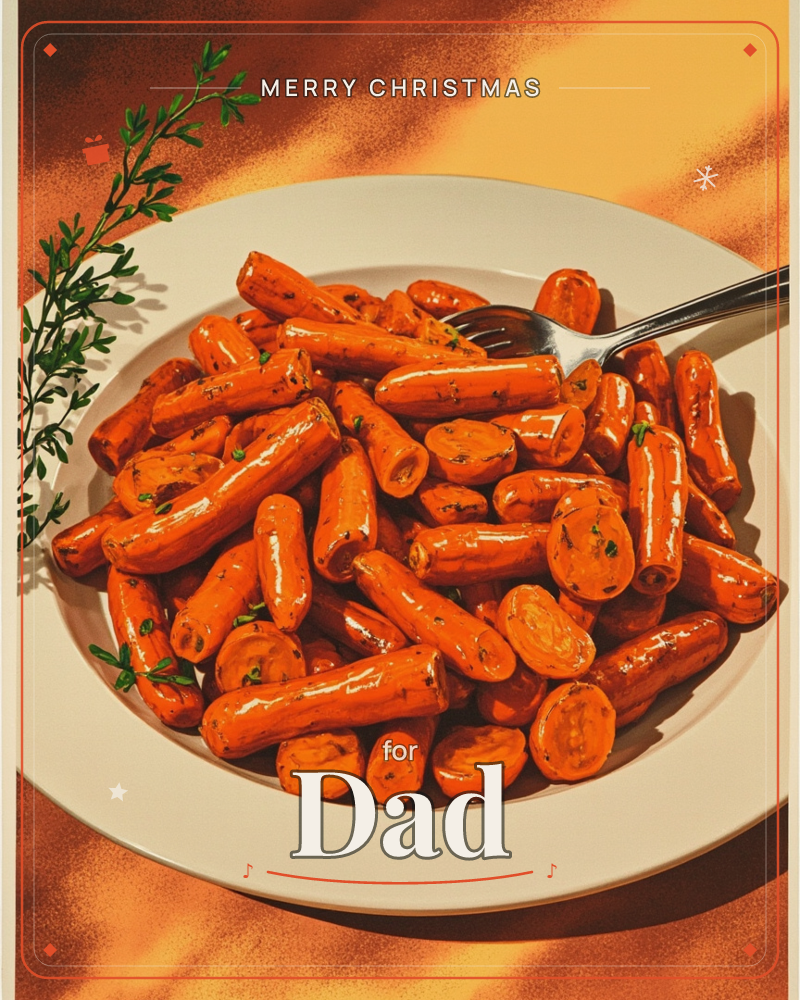 A wide cream plate is piled high with glossy roasted carrot pieces, glazed and flecked with herbs, a fork resting among them and a sprig of fresh…, a christmas e-card design