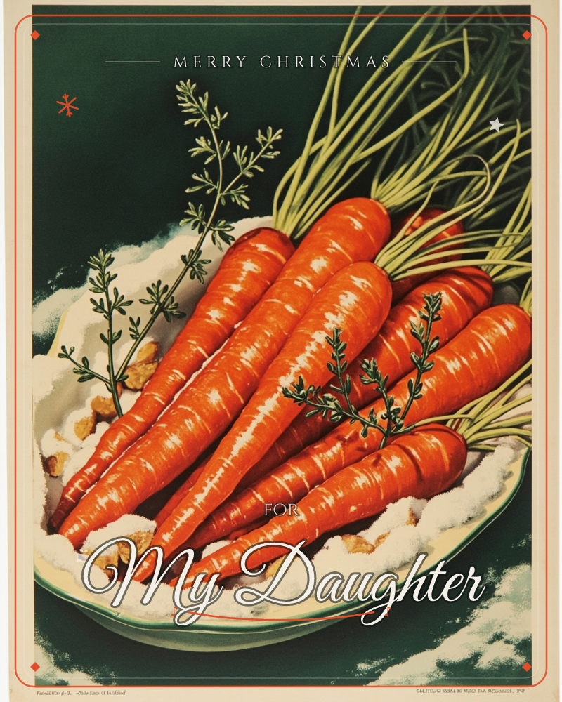A cluster of fresh carrots, greens still attached, rests on a bed of coarse salt in a white and green dish, set against a deep dark green background, a christmas e-card design