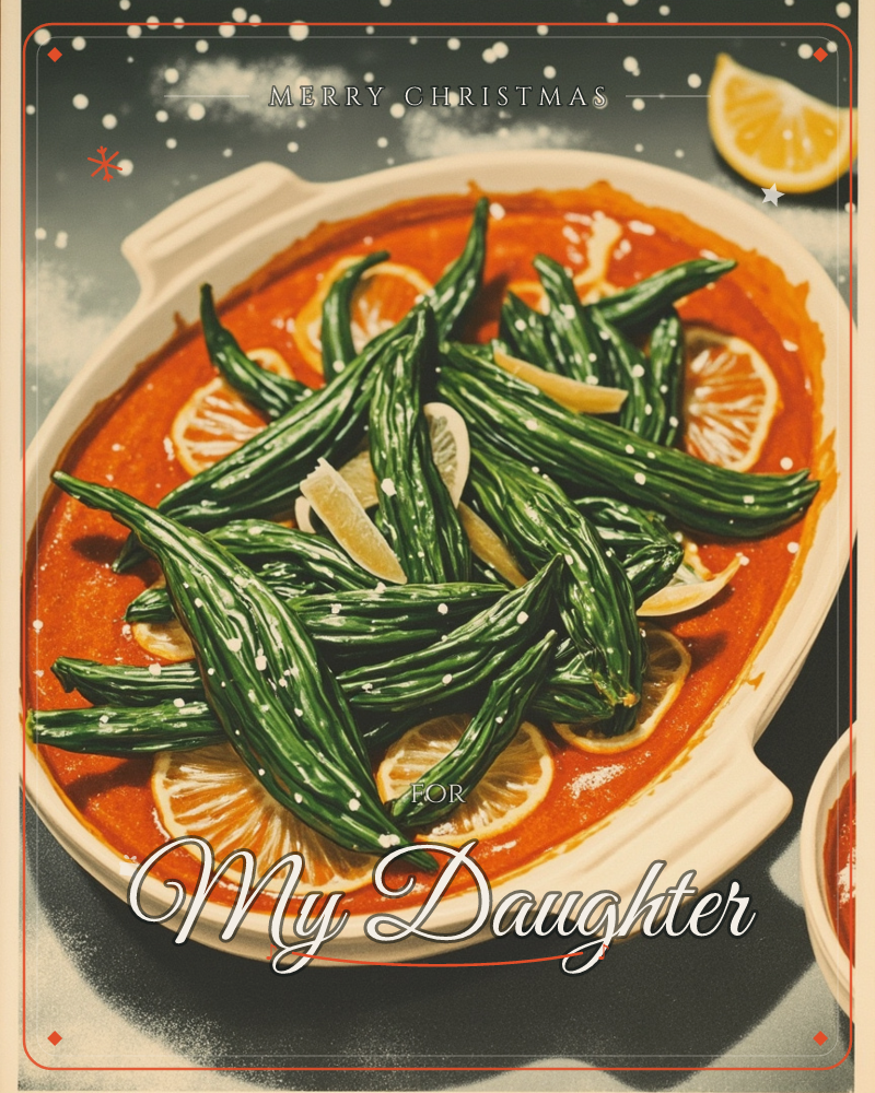 An oval cream dish holds roasted green beans scattered over a bright red-orange sauce, tucked between slices of lemon and scattered flecks of salt or…, a christmas e-card design
