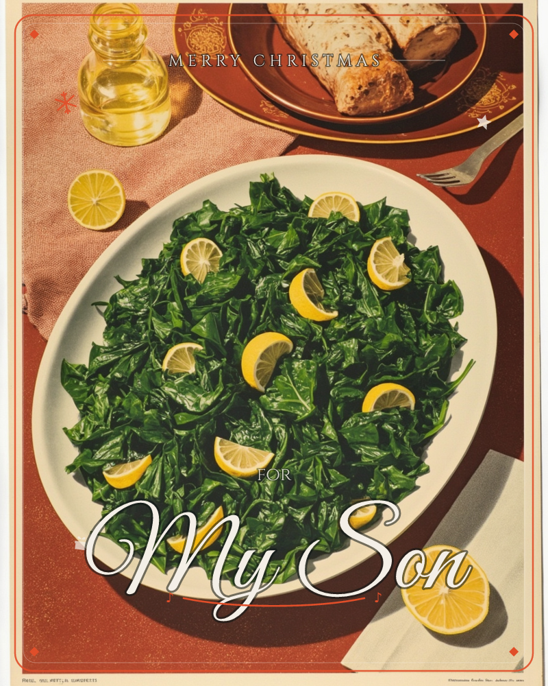 A vintage-style print of a table set for a hearty meal: a white oval platter piled high with dark cooked greens, scattered with lemon wedges, sits…, a christmas e-card design