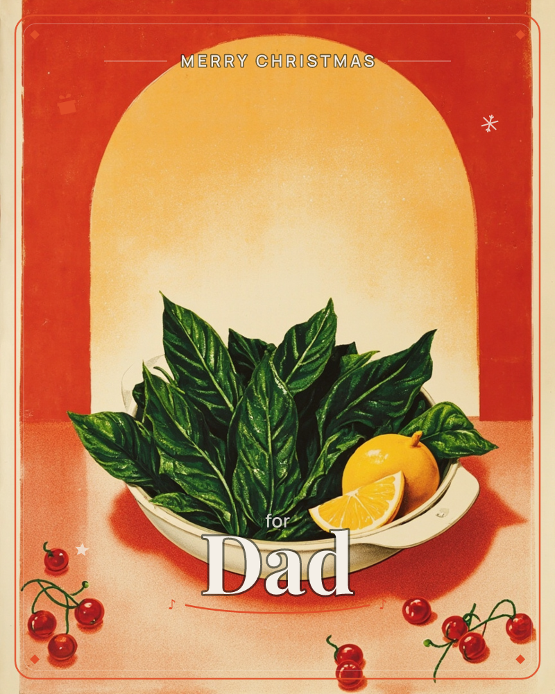 A white bowl overflowing with dark green leafy herbs sits against a glowing arched backdrop of red and warm orange, like a sunset framed in a doorway, a christmas e-card design