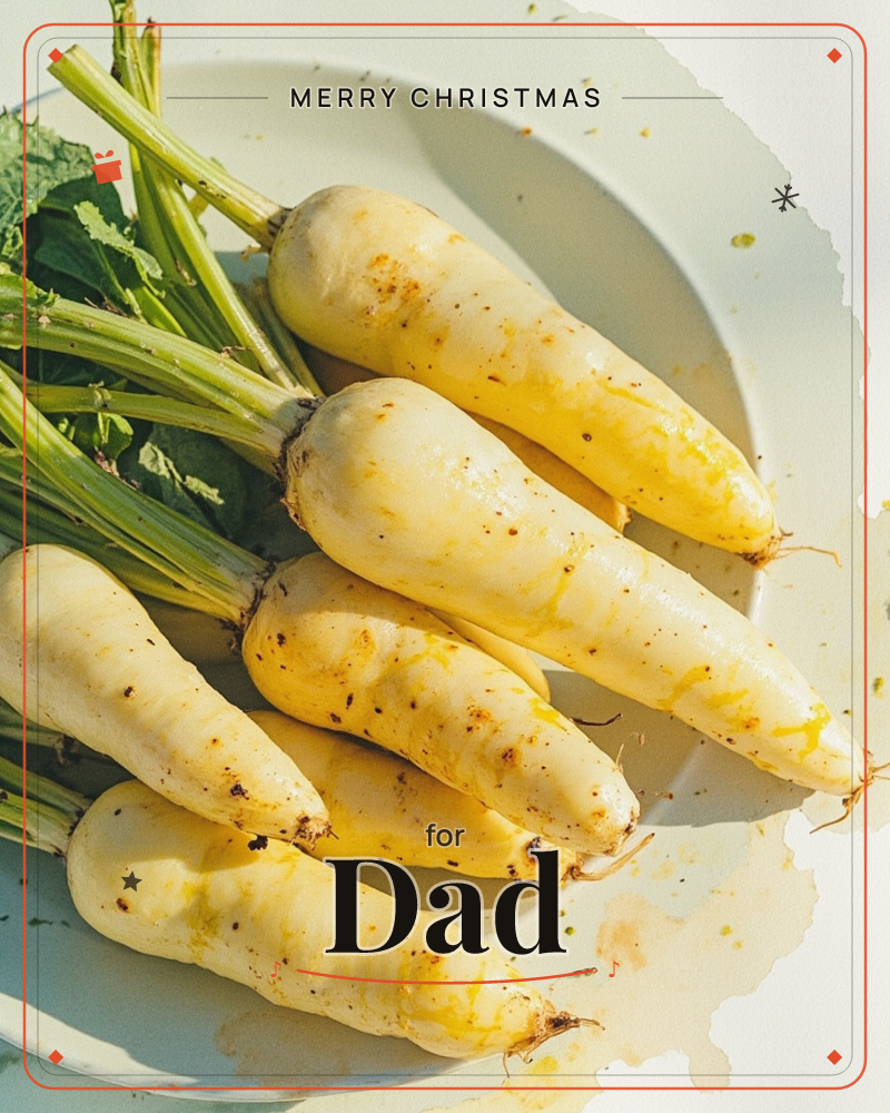 A photographic close-up shows a small bundle of pale white carrots with their green stems still attached, resting on a white plate in bright natural light, a christmas e-card design