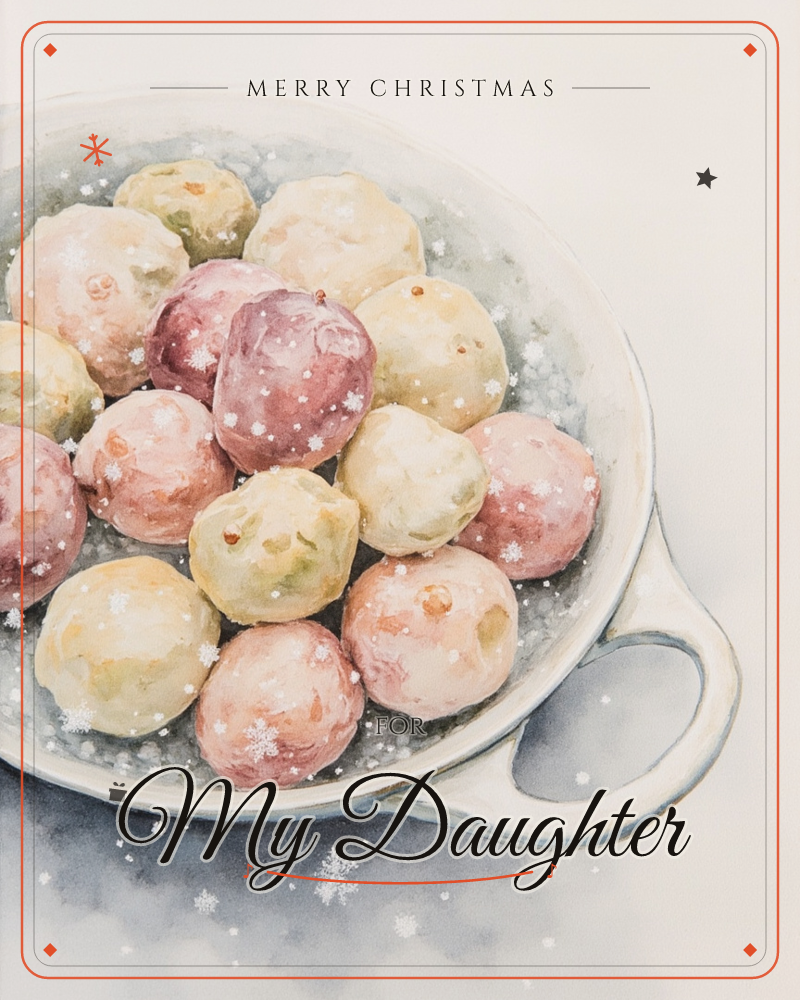 A round pan piled high with soft, sugar-dusted glutinous rice balls in shades of blush pink, cream, and mauve, painted in delicate watercolour, a christmas e-card design