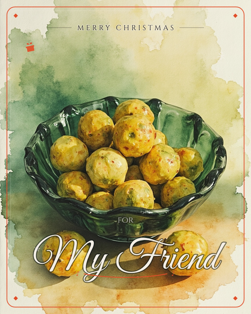 A scalloped-edge glass bowl holds a mound of speckled yellow-green dumplings or fritters, with two more resting loose on the table below, a christmas e-card design