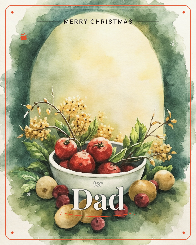 A white ceramic bowl brims with round red fruit and sprigs of small golden berry clusters, set against a soft glowing arch of deep green and pale…, a christmas e-card design
