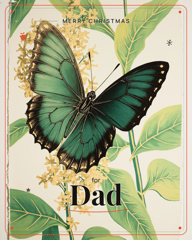 A large emerald and black butterfly rests with wings spread against a spray of pale yellow blossoms and broad green leaves, rendered in the style of a…, a christmas e-card design