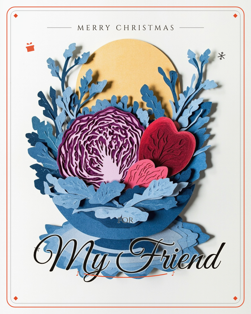 A layered paper-cut still life shows a sliced red cabbage and two beet-like roots nestled among sprigs of dusty-blue leaves, set against a warm…, a christmas e-card design