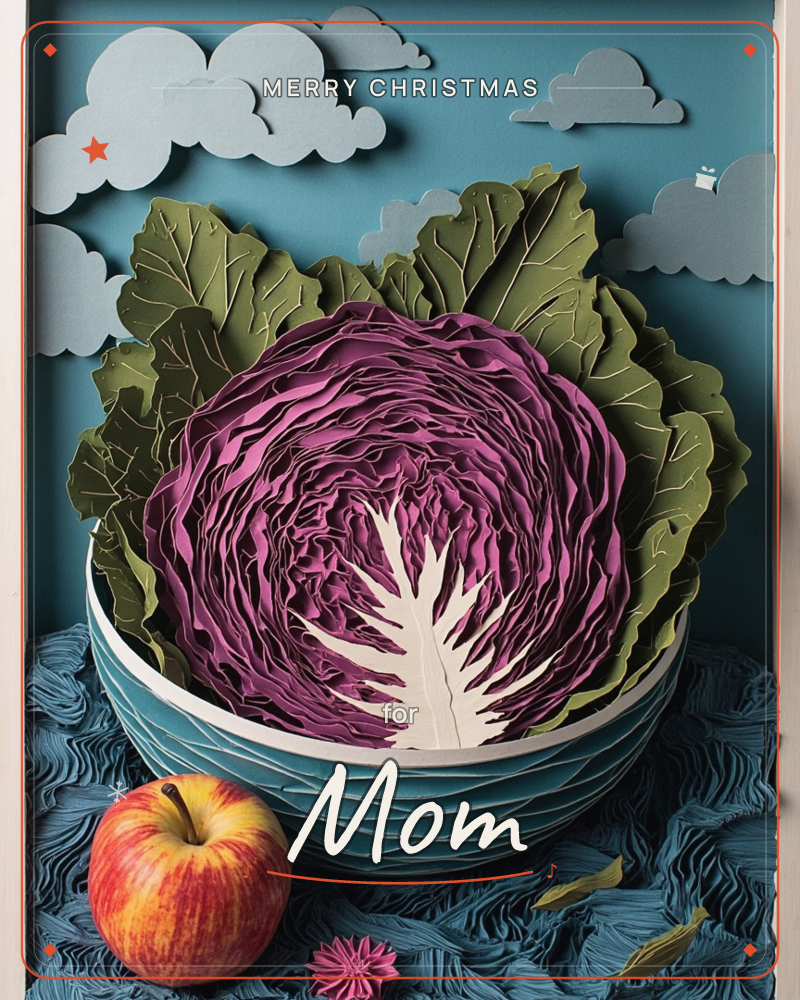 A paper-cut still life shows a halved purple cabbage nestled in a teal bowl, its layered ruffled leaves fanning outward against a sky-blue backdrop…, a christmas e-card design