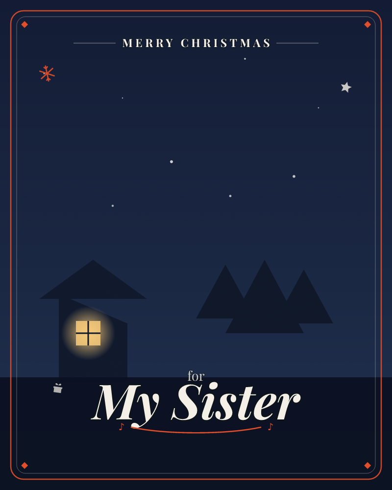 A small dark house sits beneath a deep navy night sky, its single window glowing warm gold against the silhouette of triangular pine trees nearby, a christmas e-card design by @DittyCityTeam
