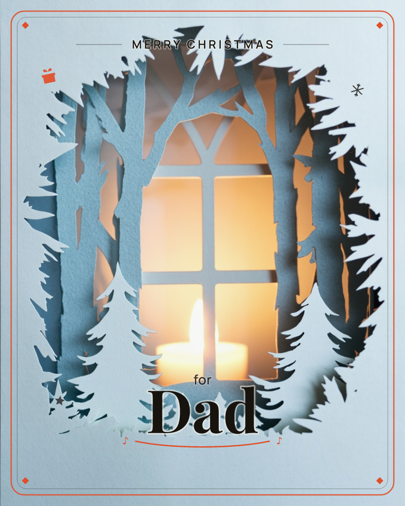 A layered paper-cut card shows bare winter trees and pines framing an arched window, cut from pale blue paper and lit from behind so a warm golden glow…, a christmas e-card design
