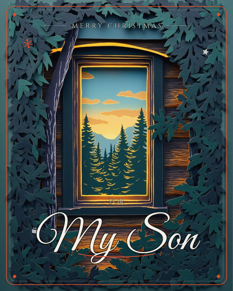 A layered paper-cut illustration shows a rustic wooden cabin window framed in dark timber, with a tree branch and leafy foliage cut in relief around…, a christmas e-card design