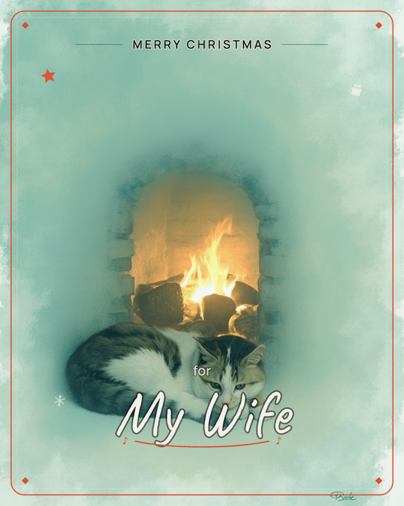 A calico cat curls up on the hearth in front of a small arched brick fireplace, its flames glowing gold against a soft teal, misty background, a christmas e-card design