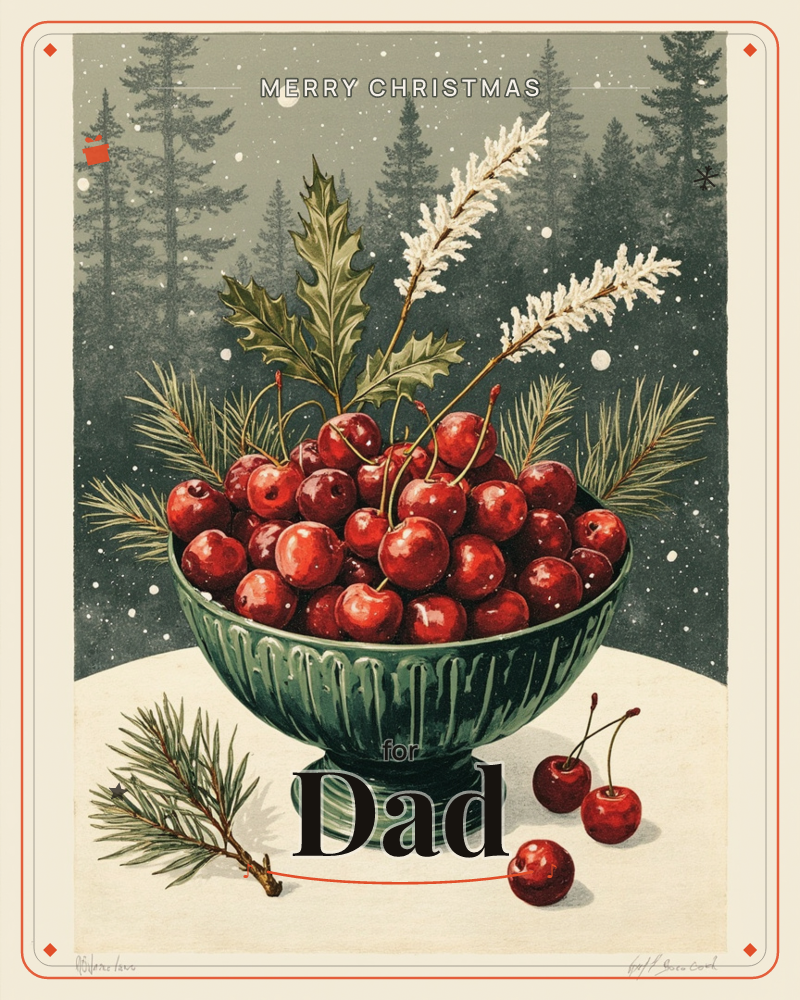 A green ribbed pedestal bowl brims with glossy red cranberries, tucked with holly leaves, pine sprigs, and frosted white plumes, set against a snowy…, a christmas e-card design
