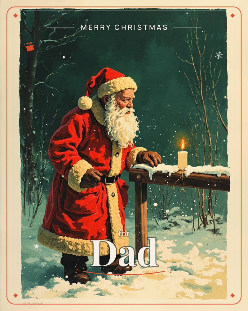 Santa Claus leans over a snow-topped wooden fence in a dark winter forest, gazing at a single lit candle flickering against the falling snow, a christmas e-card design