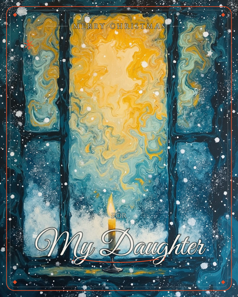 A single candle glows on a windowsill against a paned window, its flame echoed in swirling marbled panes of teal and gold that look like frosted glass…, a christmas e-card design