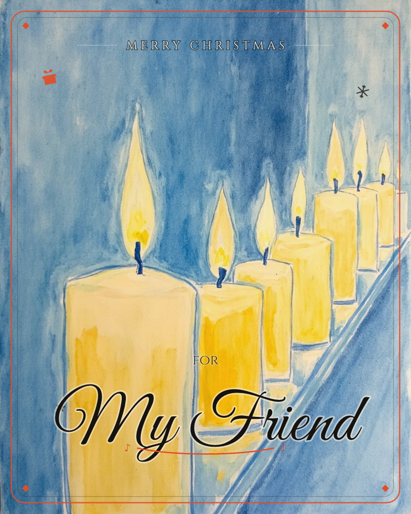 A row of nine lit candles recedes in perspective against a deep blue background, each flame painted in warm yellow with a dark wick, a christmas e-card design