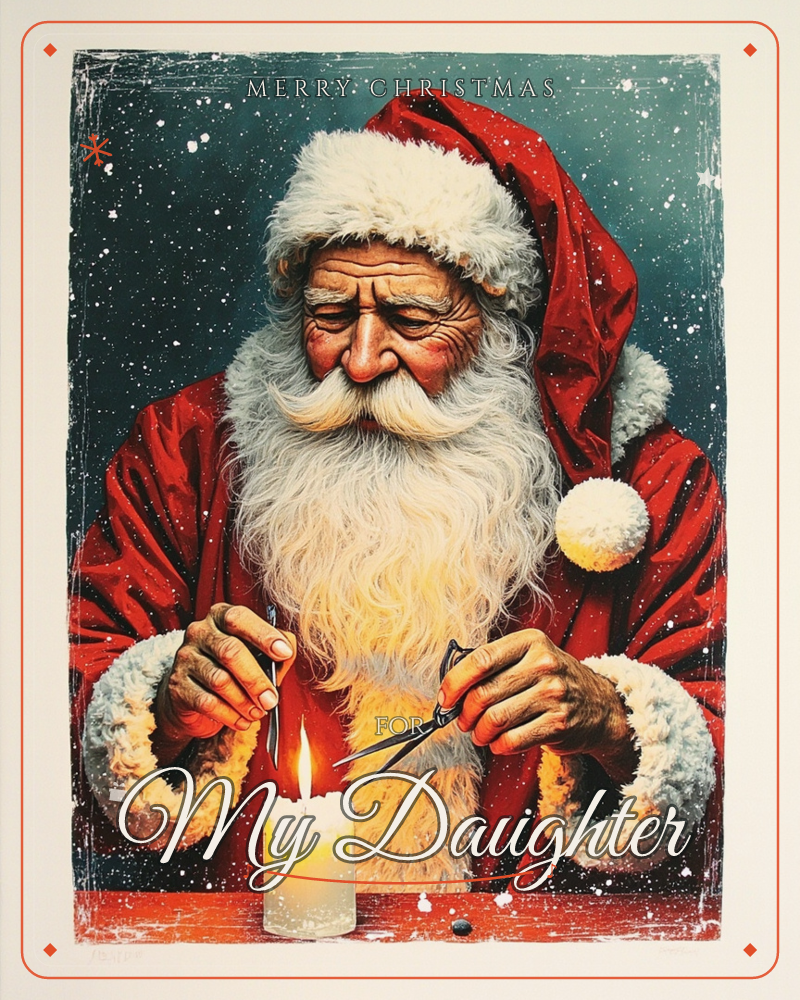 Santa Claus leans over a small glowing candle, scissors in hand, trimming the wick with careful concentration, a christmas e-card design
