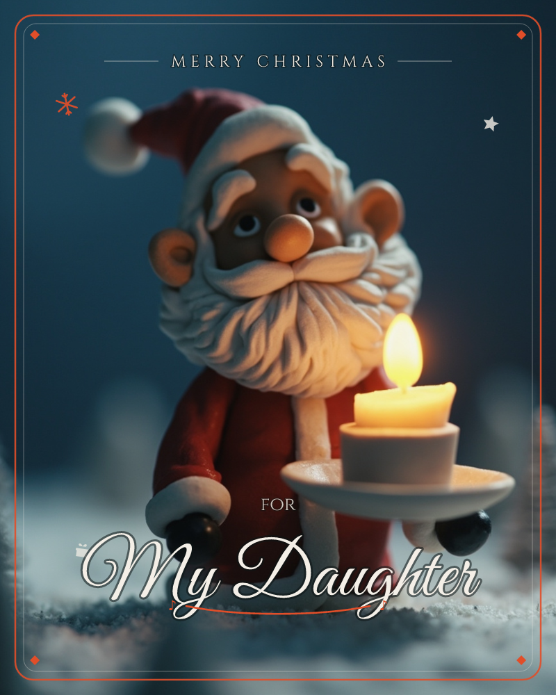 A small clay-like Santa figure stands in snow at dusk, holding a saucer with a single lit candle whose flame glows warmly against the cool blue night, a christmas e-card design