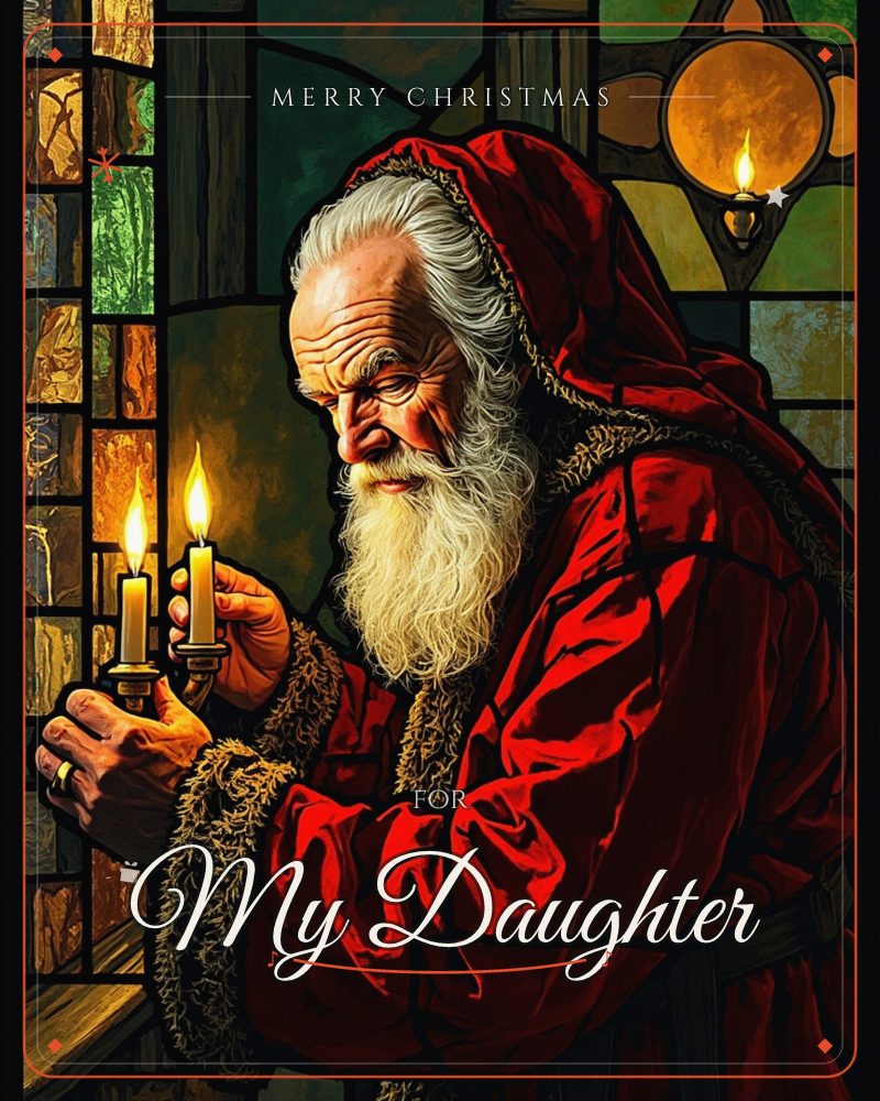 An old bearded man in a fur-trimmed red robe stands before a stained-glass window, cupping two lit candles in his weathered hands, a christmas e-card design