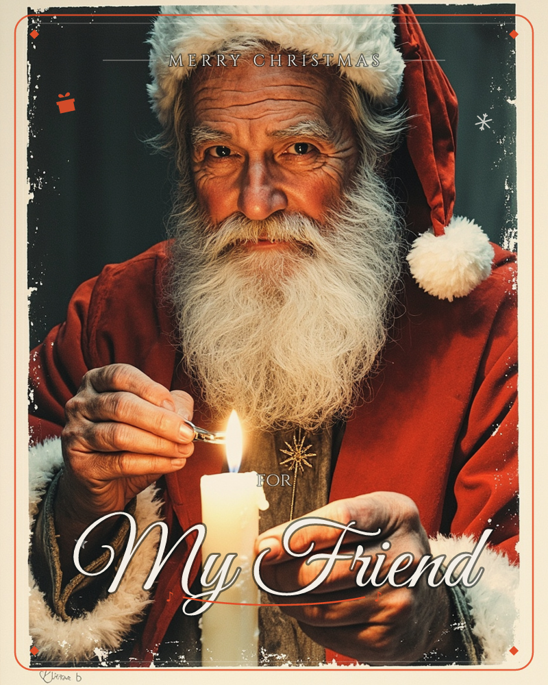 A close-up portrait shows a white-bearded man in a red fur-trimmed Santa coat and hat, lighting a plain white candle with a small match, a christmas e-card design