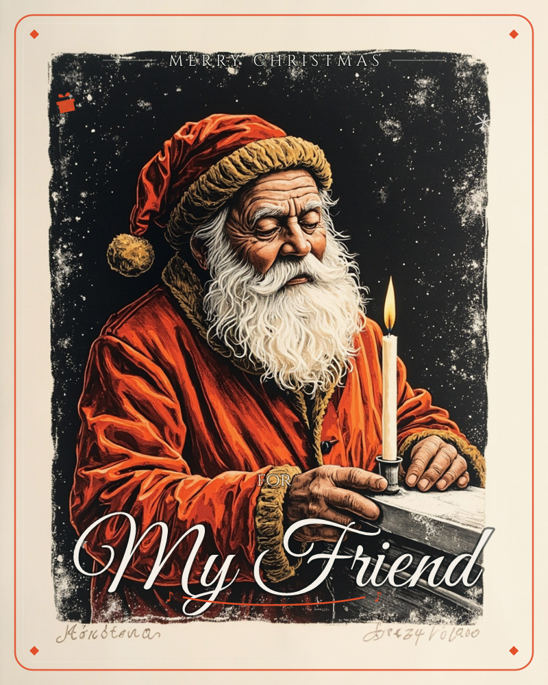 Santa Claus leans thoughtfully over a windowsill lit by a single lit candle, his weathered face and long white beard illuminated against a starry black…, a christmas e-card design