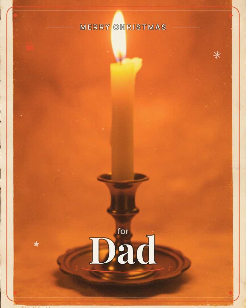 A single ivory candle burns in a brass candlestick with a wide drip-tray base, set against a warm amber backdrop, a christmas e-card design
