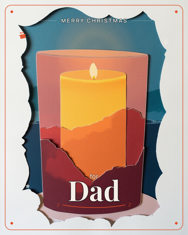 A layered paper-cut candle glows at the centre of the card, its flame rendered as a single pale sliver of light against a deep teal backdrop, a christmas e-card design