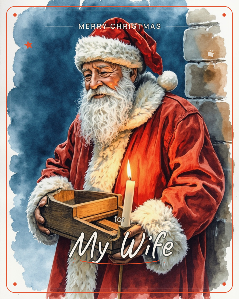 A weathered Santa in a fur-trimmed red coat and cap stands beside an old stone wall, cradling a wooden box that holds a single lit candle, a christmas e-card design