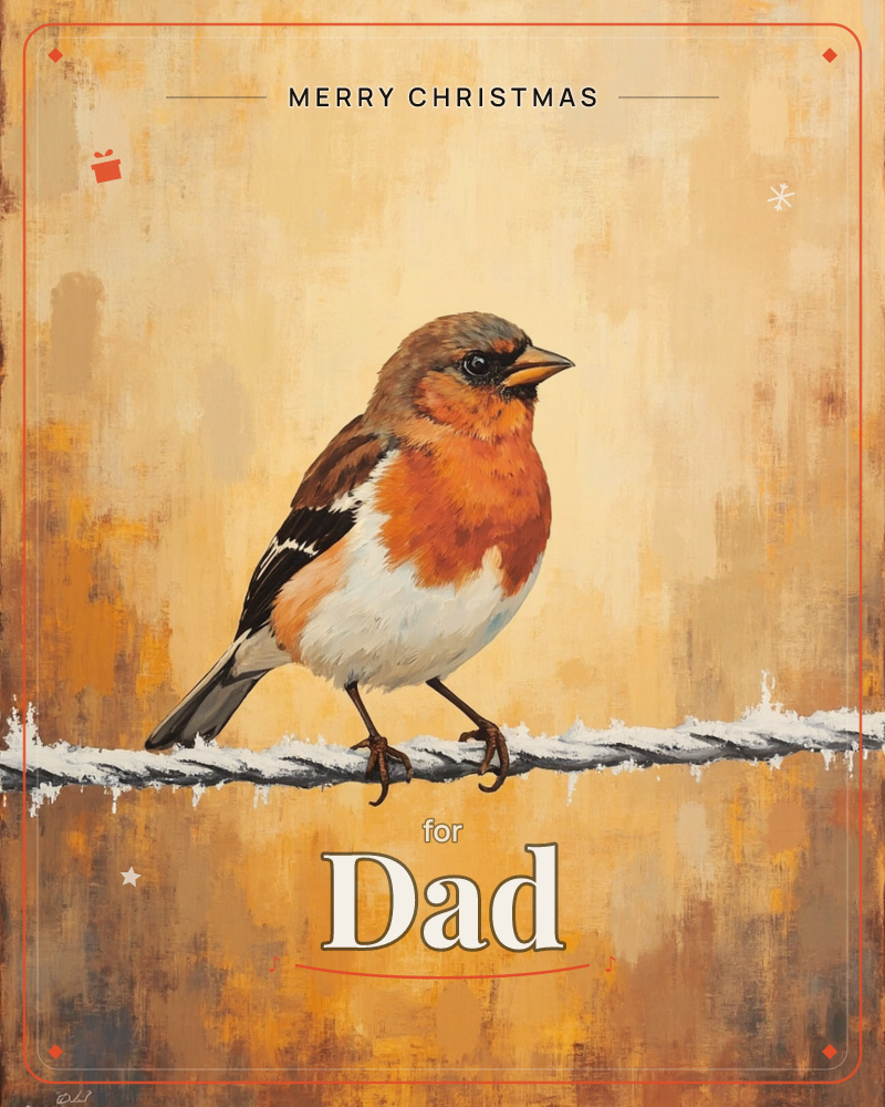 A round-bodied finch with a burnt-orange breast and black-and-white wings perches on a frosted twist of wire, set against a warm, textured backdrop of…, a christmas e-card design