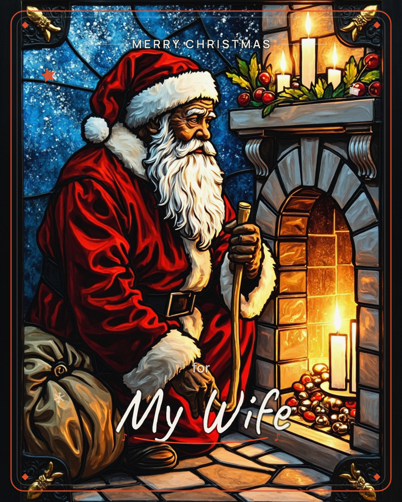 A stained-glass style illustration shows Santa Claus kneeling beside a glowing stone fireplace, holding a rope tied to his sack of gifts, a christmas e-card design