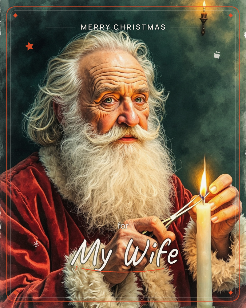 A weathered old man with a long white beard and flowing hair, dressed in a fur-trimmed red velvet robe, carefully trims a lit candle wick with small…, a christmas e-card design