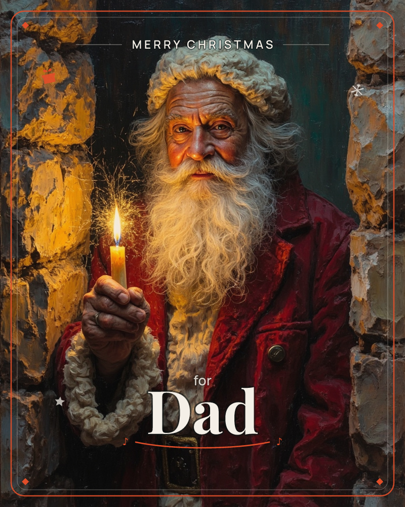 A weathered old man in a red velvet coat and white fur trim stands framed between rough stone walls, holding a single lit candle close to his face, a christmas e-card design